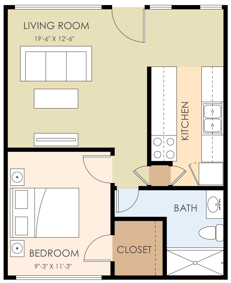 Floor plan for 1 bed, 1 bath, 700 sqft